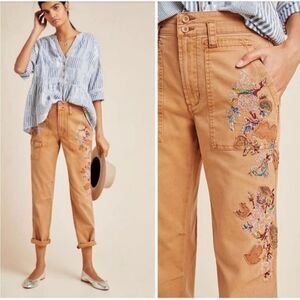 Anthropologie Tan Embroidered Straight Leg Jeans